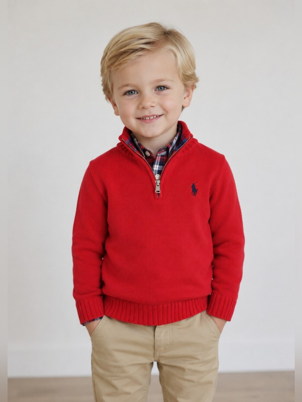 Polo Ralph Lauren Boys Red Cotton Quarter-Zip Sweater Size 7